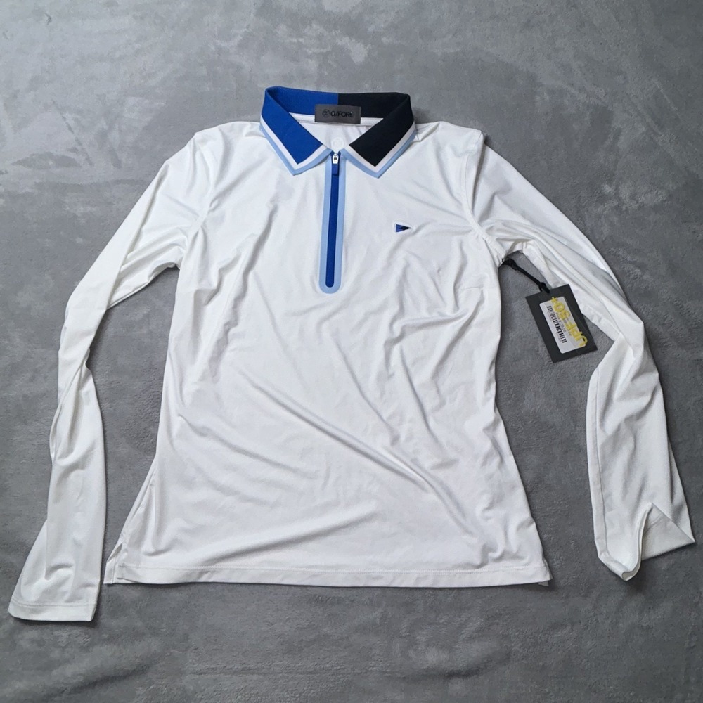 G/FORE Women's White Long Sleeve Zip Polo with Blue Trim